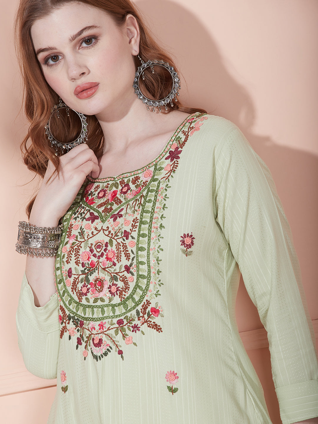 Ethnic Woven & Floral Hand Embroidered Straight Fit Kurta - Light Green