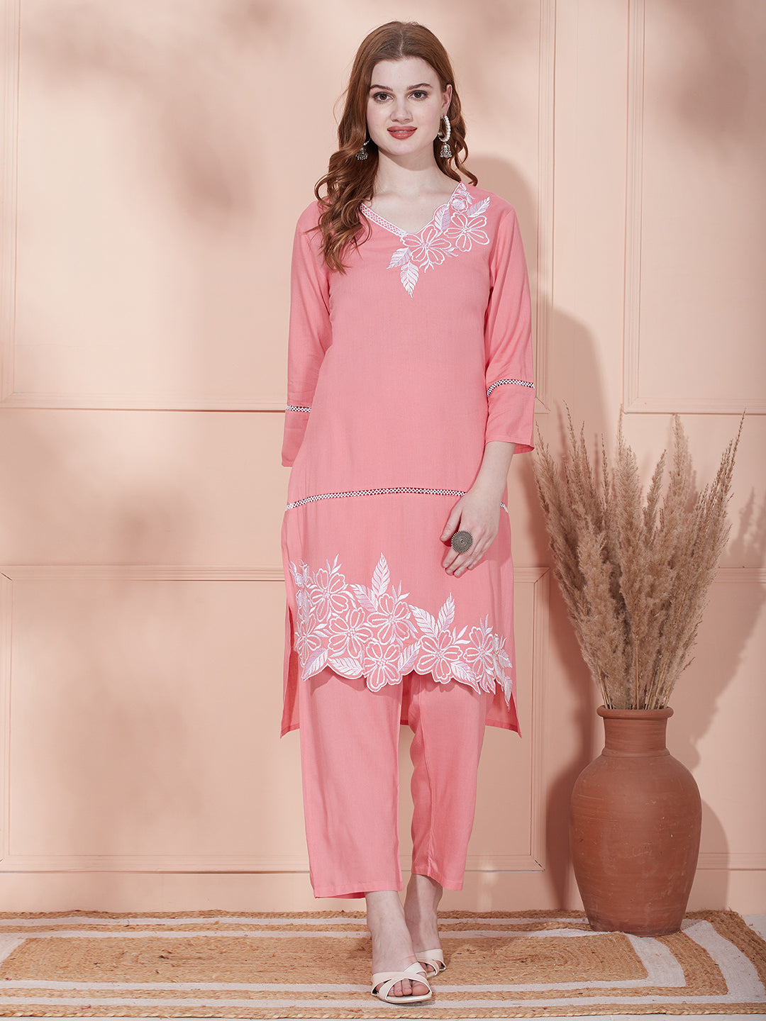 Solid Floral Cut-work Embroidered Straight Fit Kurta with Palazzo - Pink