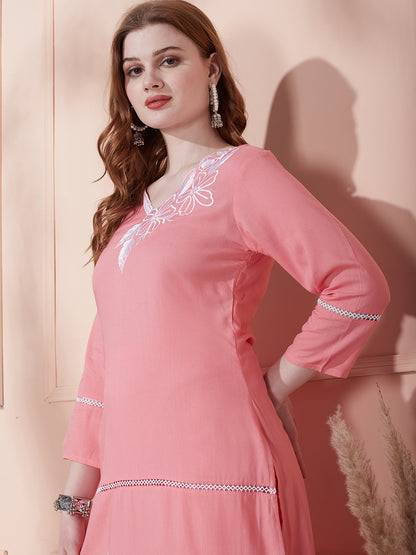 Solid Floral Cut-work Embroidered Straight Fit Kurta with Palazzo - Pink