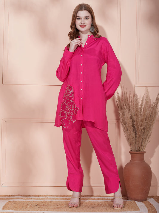 Solid Floral Zari Embroidered A-Line Fit Co-ord Set - Fuchsia