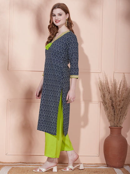 Chevron Printed Straight Fit Kurta with Solid Palazzo - Navy Blue