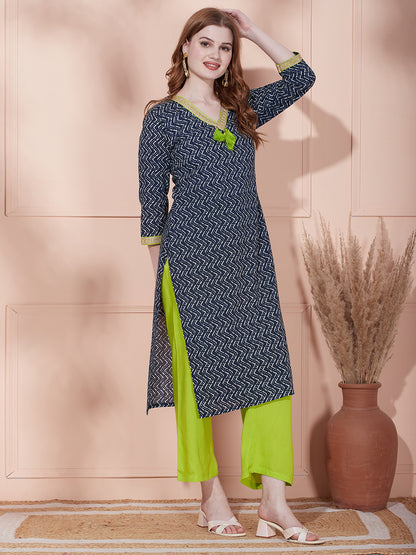 Chevron Printed Straight Fit Kurta with Solid Palazzo - Navy Blue