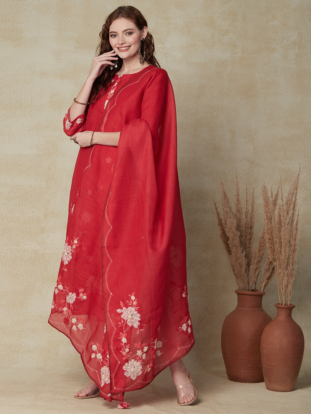 Floral Printed Straight Fit Kurta with Printed & Embroidered Dupatta - Red