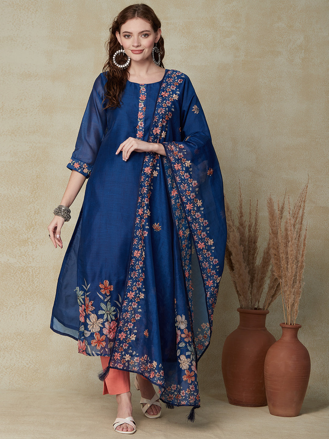 Floral Printed Straight Fit Kurta with Printed & Embroidered Dupatta - Blue
