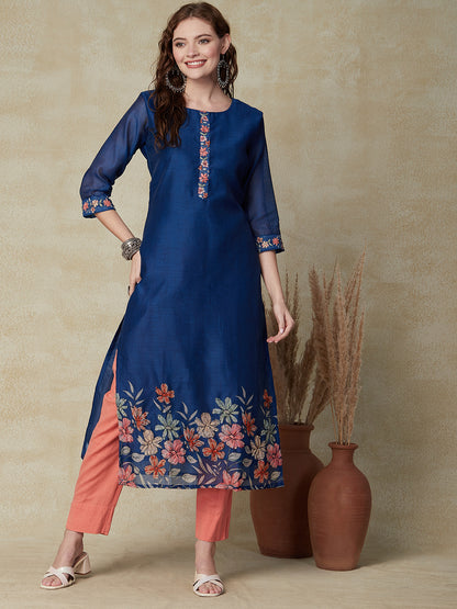 Floral Printed Straight Fit Kurta with Printed & Embroidered Dupatta - Blue