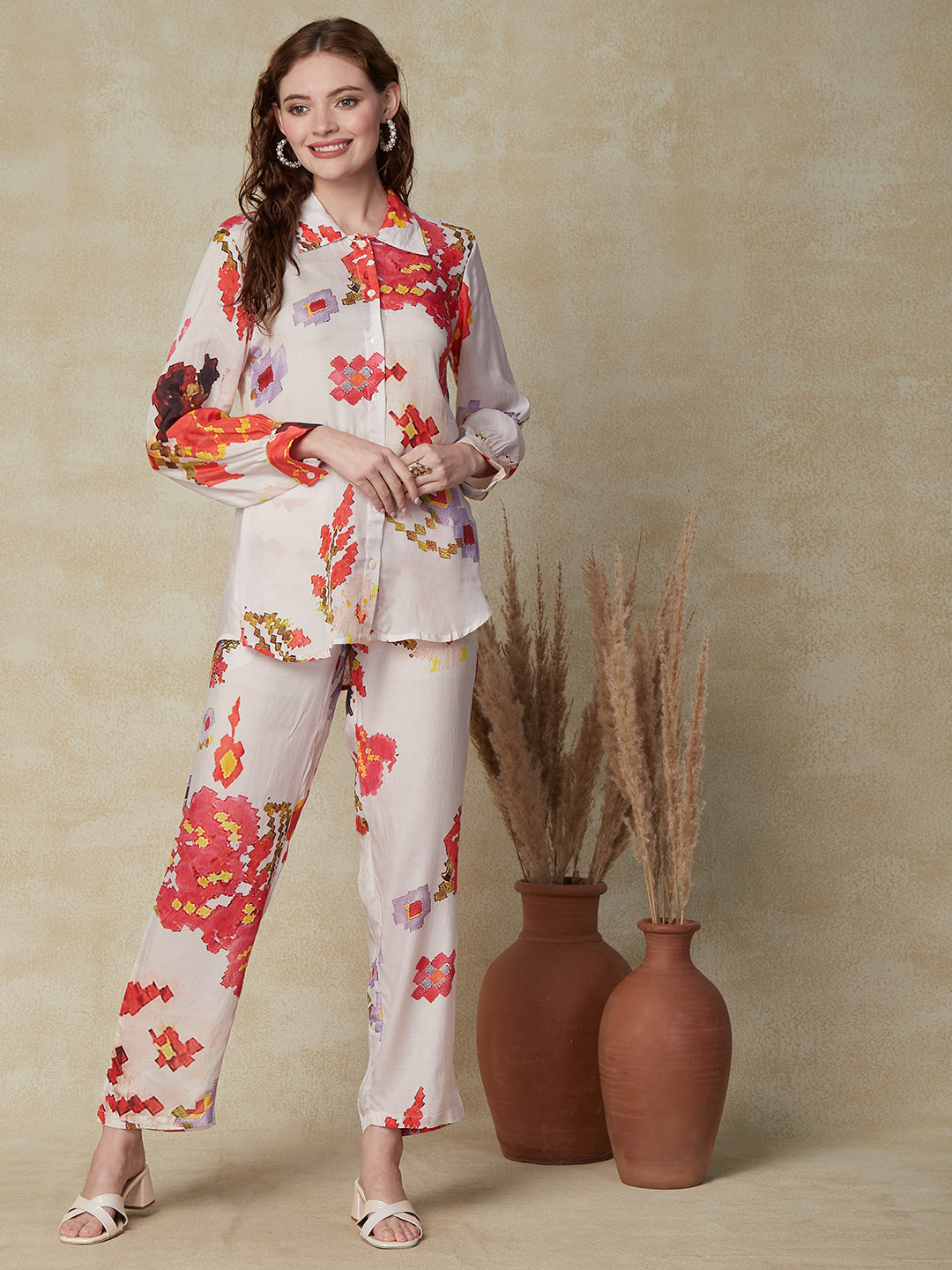 Abstract Printed Buttoned Shirt with Printed Pants Co-ord Set - Multi