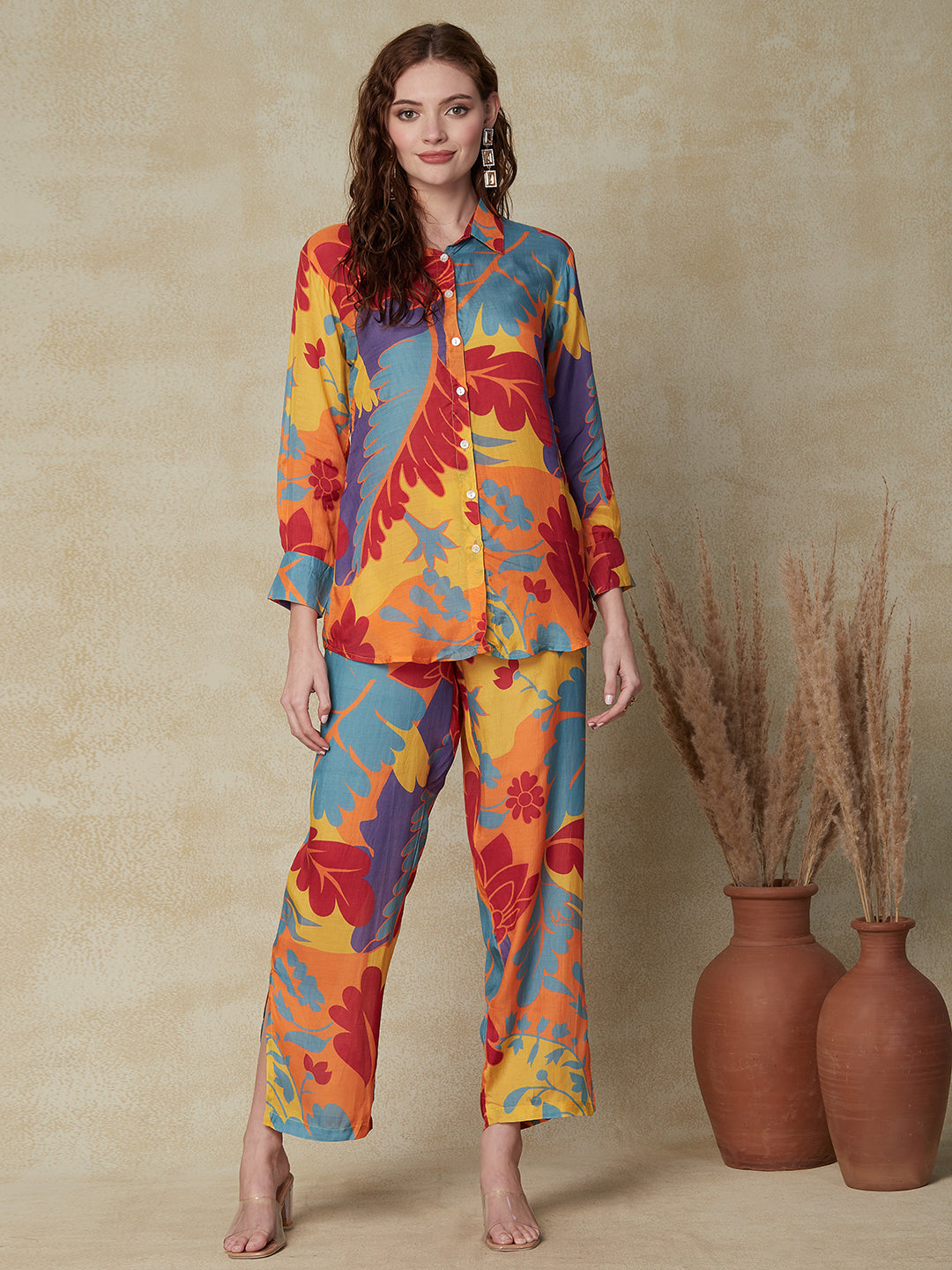 Abstract Floral Printed Straight Fit Co-ord Set - Multi