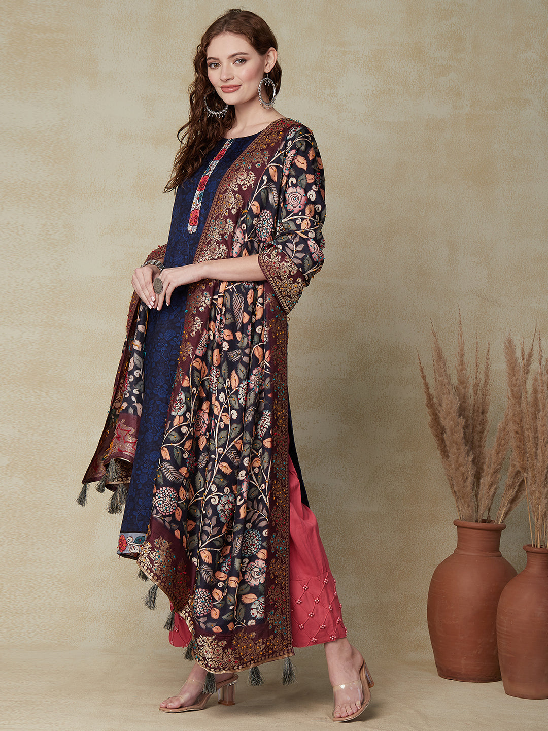 Floral Printed Straight Fit Kurta with Floral Woven Dupatta - Navy Blue