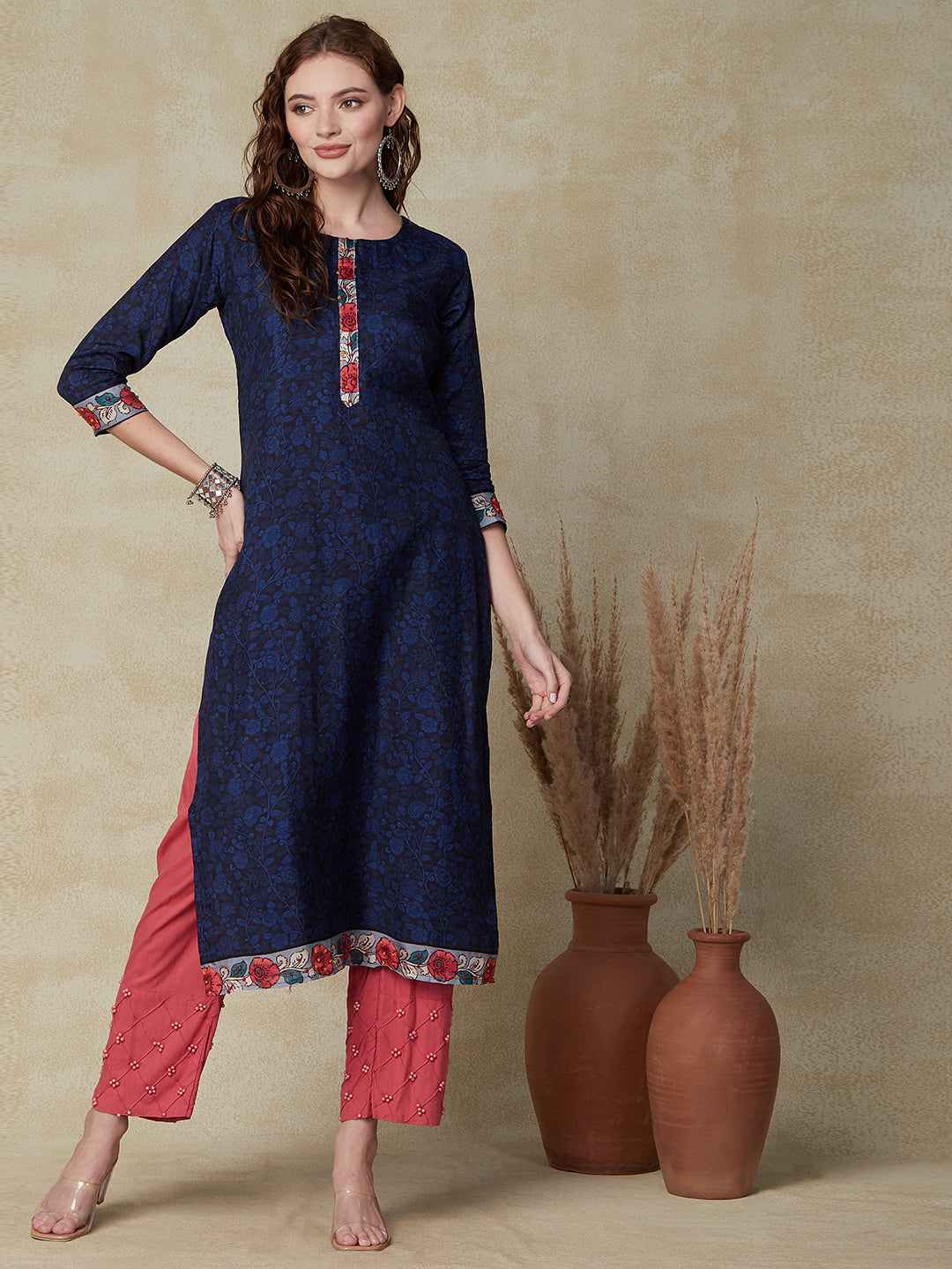 Floral Printed Straight Fit Kurta with Floral Woven Dupatta - Navy Blue