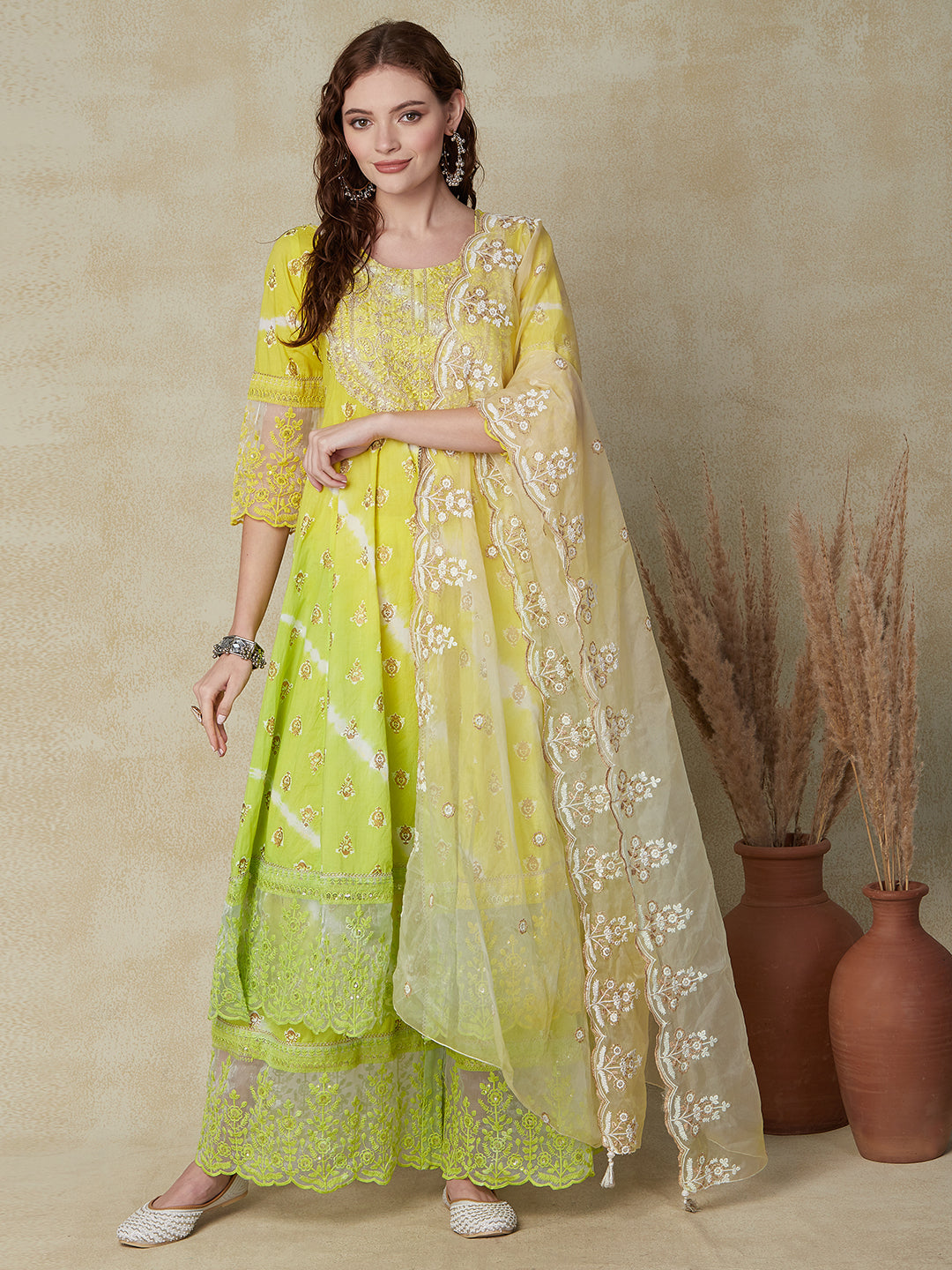 Solid Ombre Dyed & Ethnic Embroidered Anarkali with Sharara & Dupatta - Yellow
