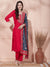 Solid Floral Hand Embroidered Straight Fit Kurta with Pant & Dupatta - Red