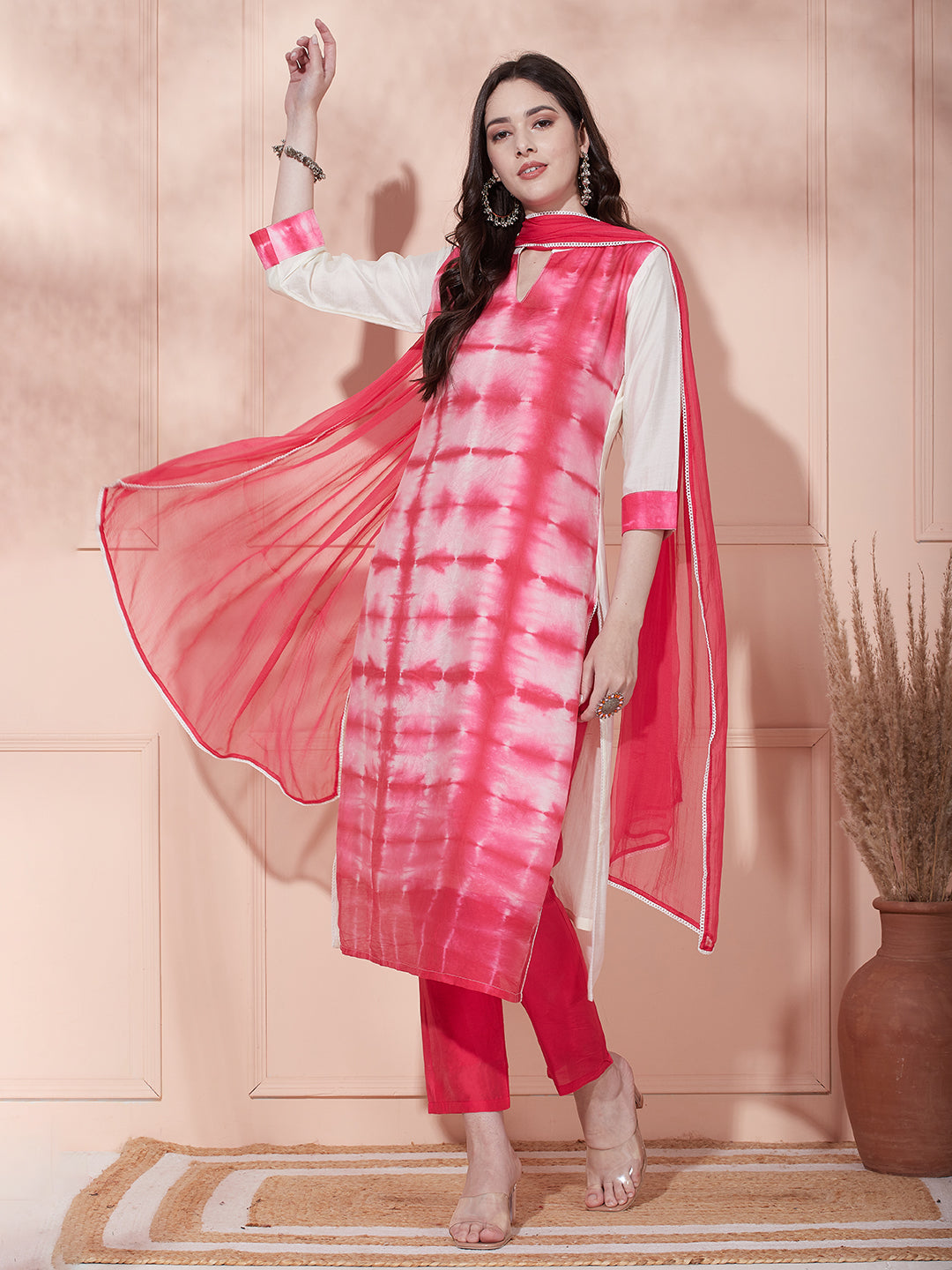 Tie - Dyed Straight Fit Kurta with Pant & Dupatta - Pink
