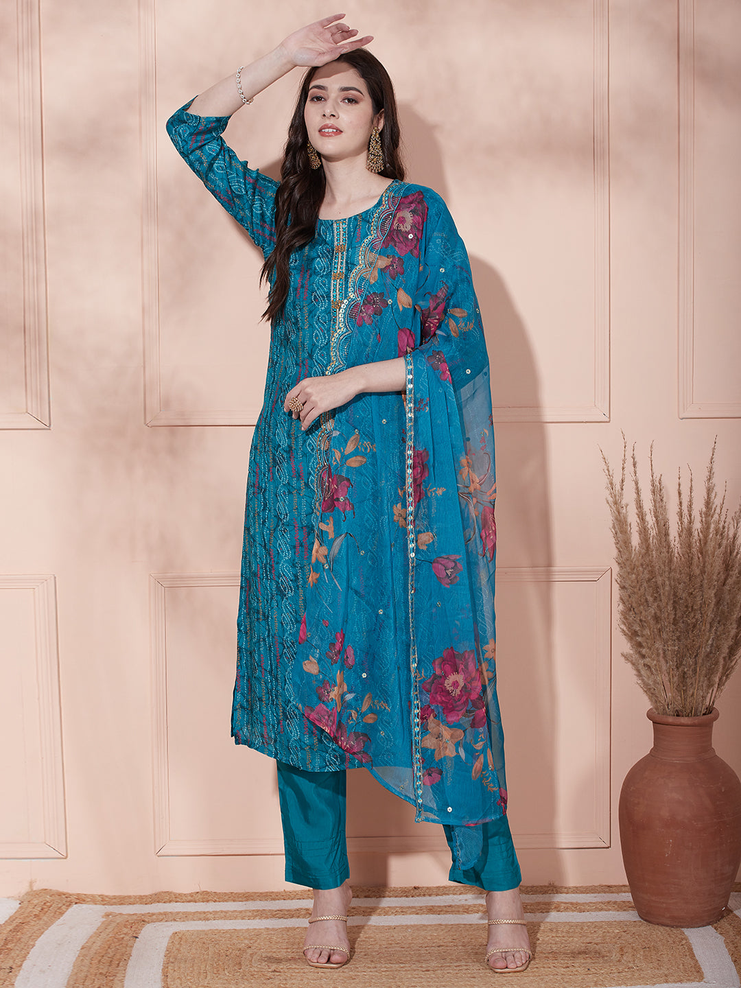 Bandhani Printed Straight Kurta with Pant & Floral Printed Dupatta - Turquoise Blue