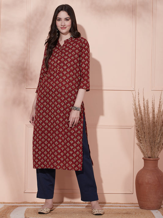 Ethnic Printed Straight Fit Kurta - Brown