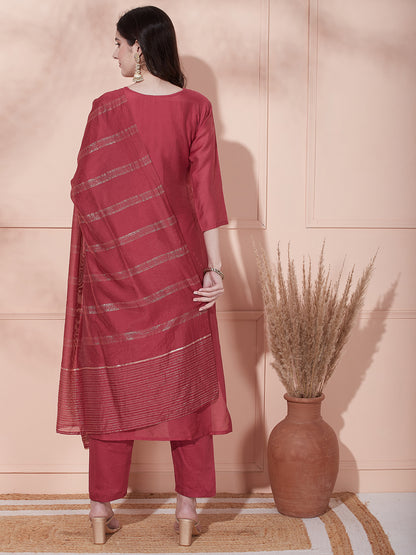 Solid Ethnic Hand Embroidered Straight Kurta with Pant & Dupatta - Rose Gold