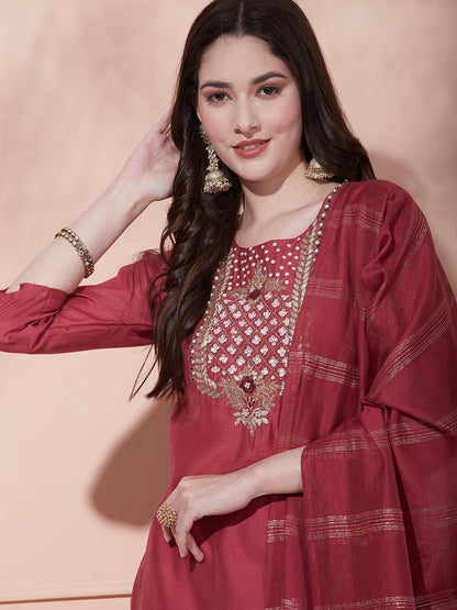 Solid Ethnic Hand Embroidered Straight Kurta with Pant & Dupatta - Rose Gold