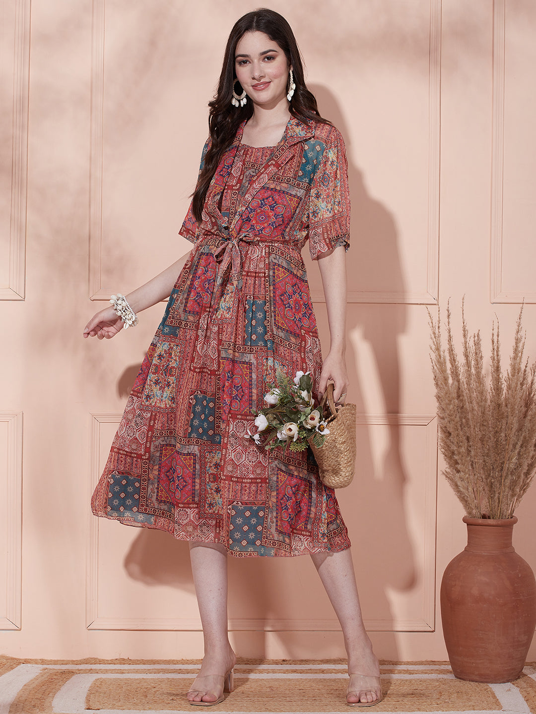 Abstract & Ethnic Printed Strap Midi Dress with Knot Tie-up Jacket - Multi