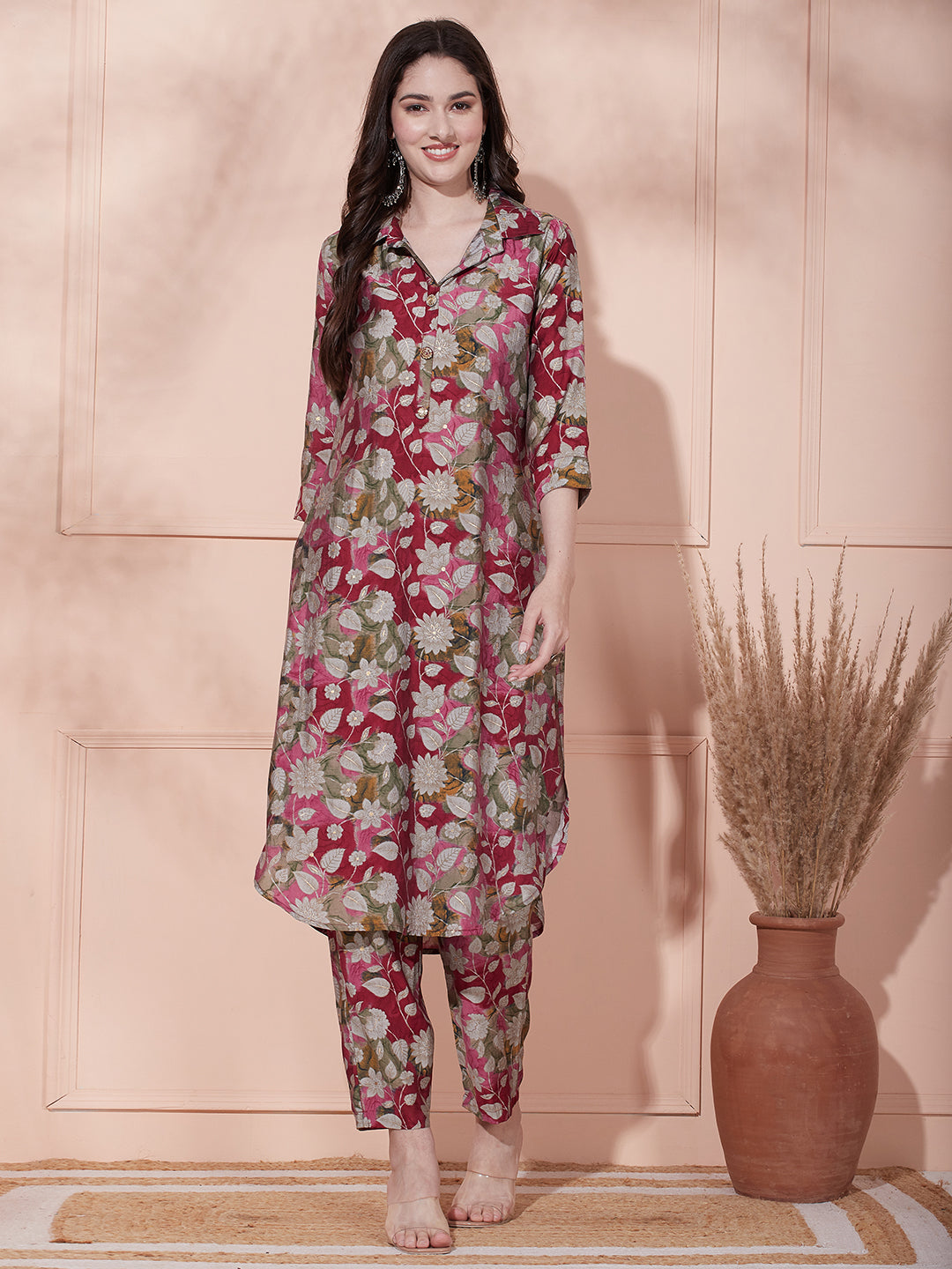 Printed Kurti Kurti With Trouser Floral Foil Printed Straight Fit