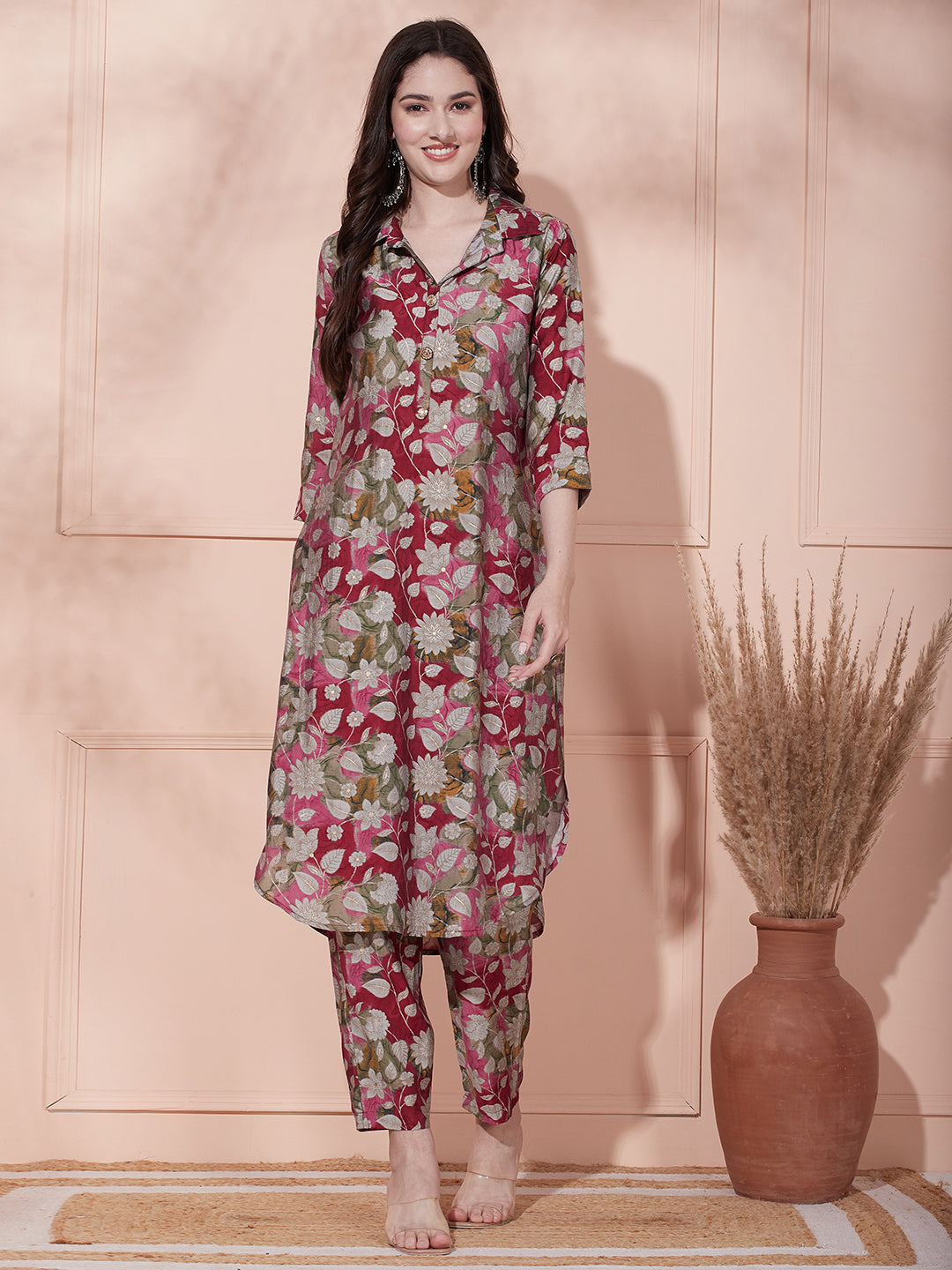 Floral Foil Printed Straight Fit Kurta with Pant - Magenta