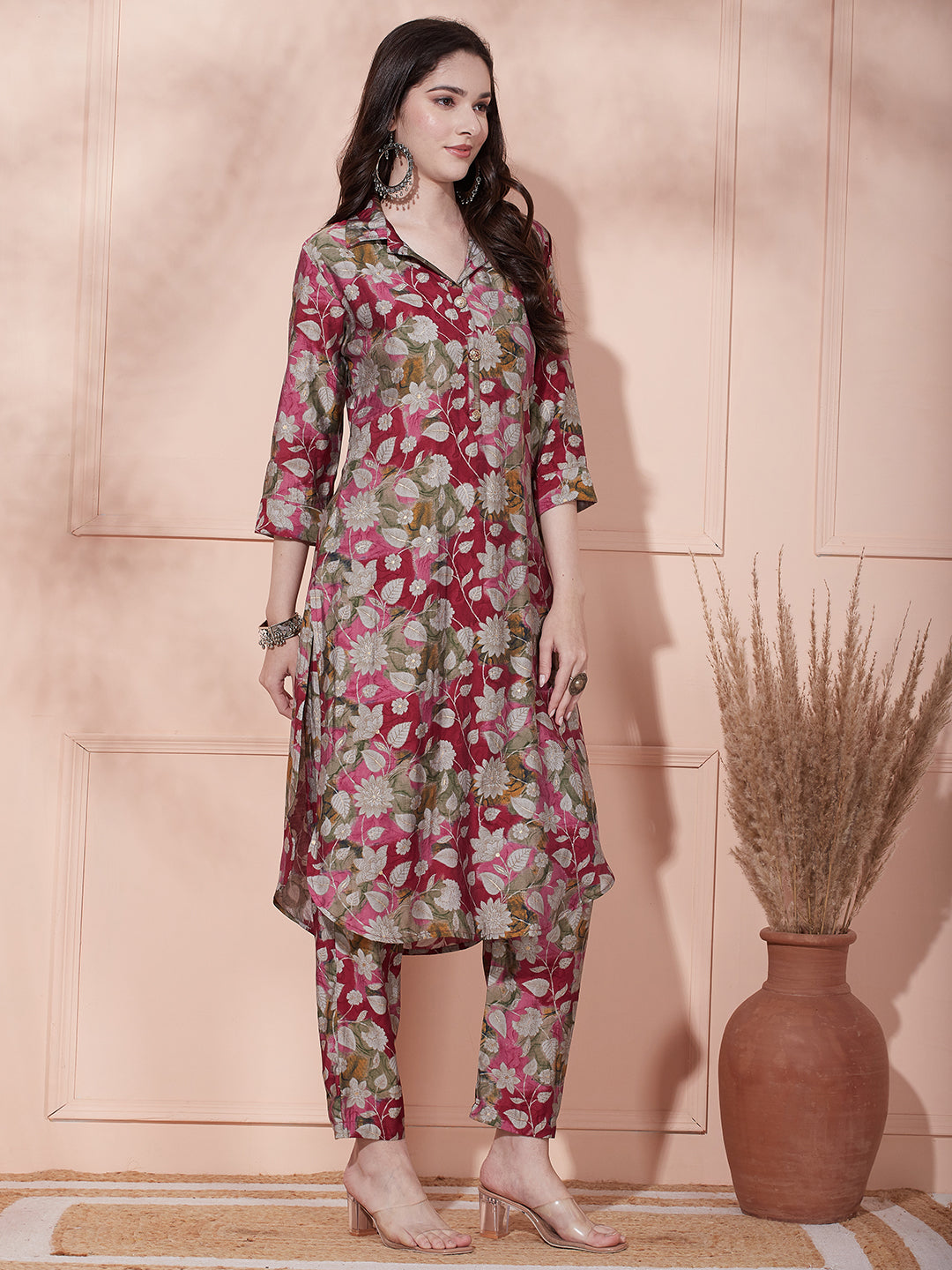 Floral Foil Printed Straight Fit Kurta with Pant - Magenta