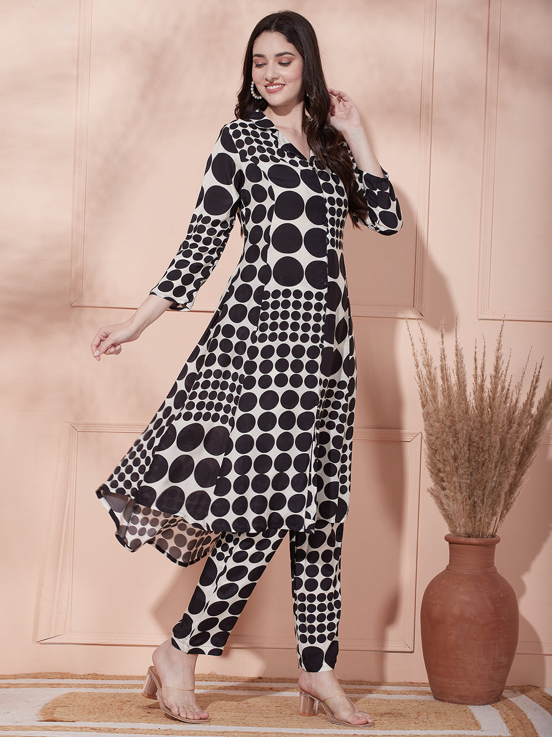 Abstract Polka Dot Printed A Line Paneled Kurta with Pant Black