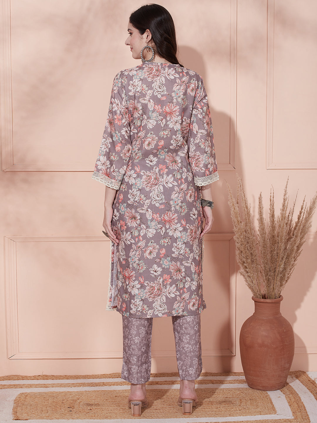 Floral Printed Straight Fit Kurta with Pant - Mouse Grey