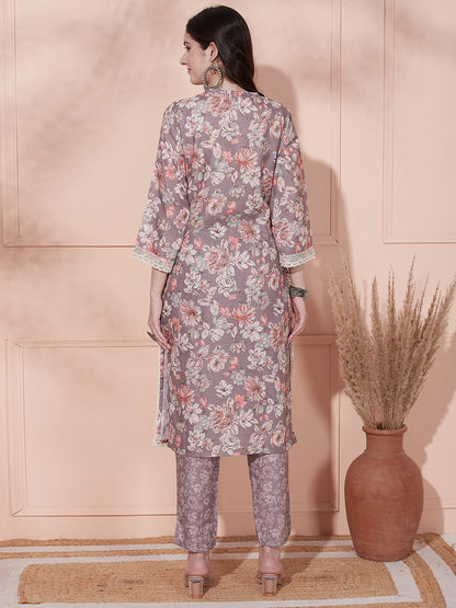 Floral Printed Straight Fit Kurta with Pant - Mouse Grey