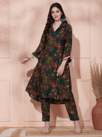 Floral Foil Printed A-Line Paneled Kurta with Pant - Green