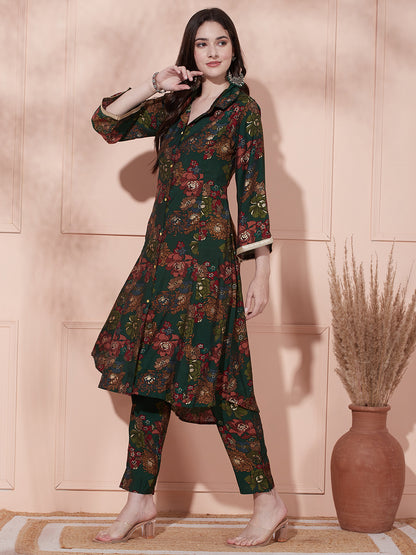 Floral Foil Printed A-Line Paneled Kurta with Pant - Green
