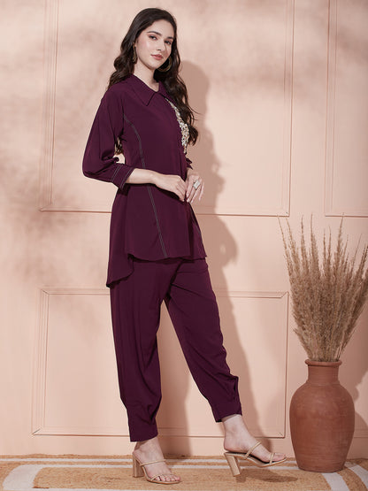Solid Abstract Button Embroidered A-Line Paneled Kurta with Pant - Eggplant Purple