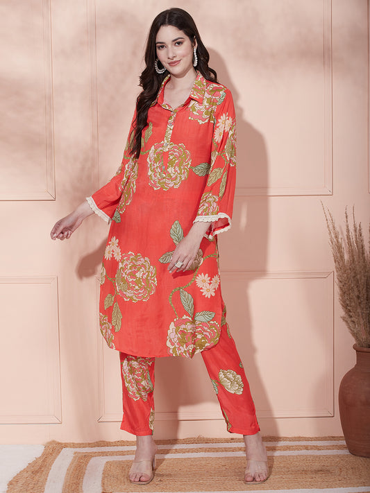 Floral Printed Straight Fit Kurta with Pant - Orange