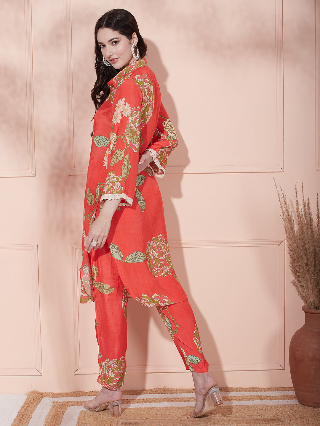 Floral Printed Straight Fit Kurta with Pant - Orange