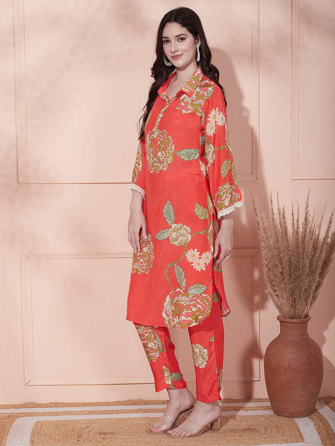 Floral Printed Straight Fit Kurta with Pant - Orange