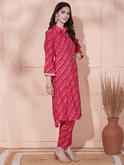 Leheriya Foil Printed A-Line Paneled Kurta with Pant - Pink