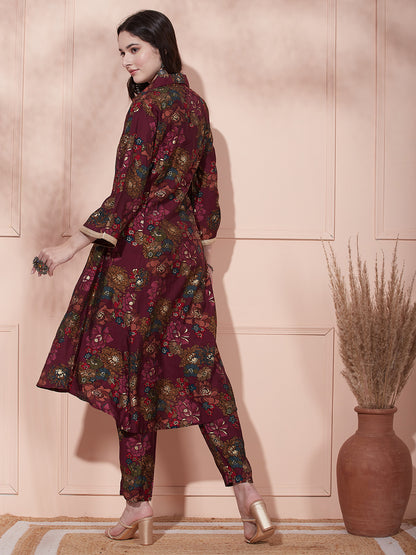 Floral Foil Printed A-Line Paneled Kurta with Pant - Purple