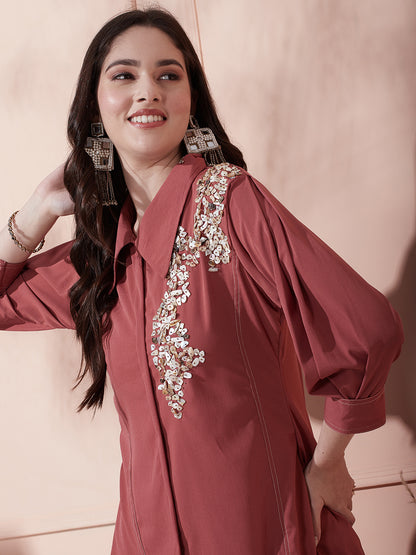 Solid Abstract Buttons Embroidered A-Line Paneled Kurta with Pant - Rose Gold
