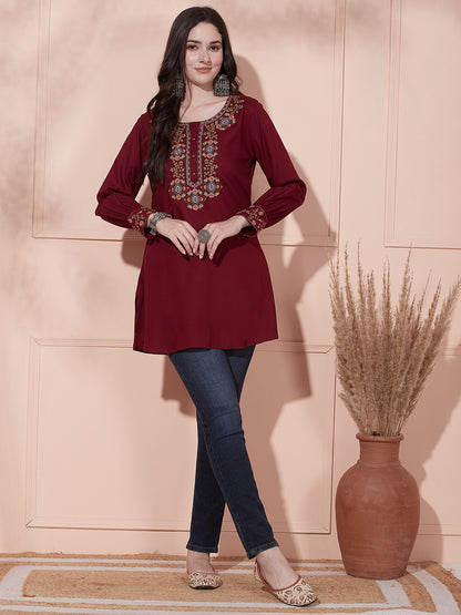 Floral Embroidered Straight Fit Kurti - Maroon
