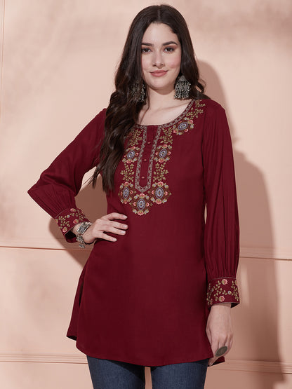 Floral Embroidered Straight Fit Kurti - Maroon