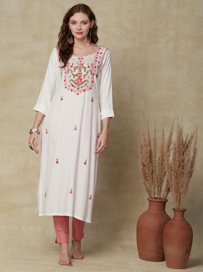 Solid Floral Hand Embroidered Straight Fit Kurta - White