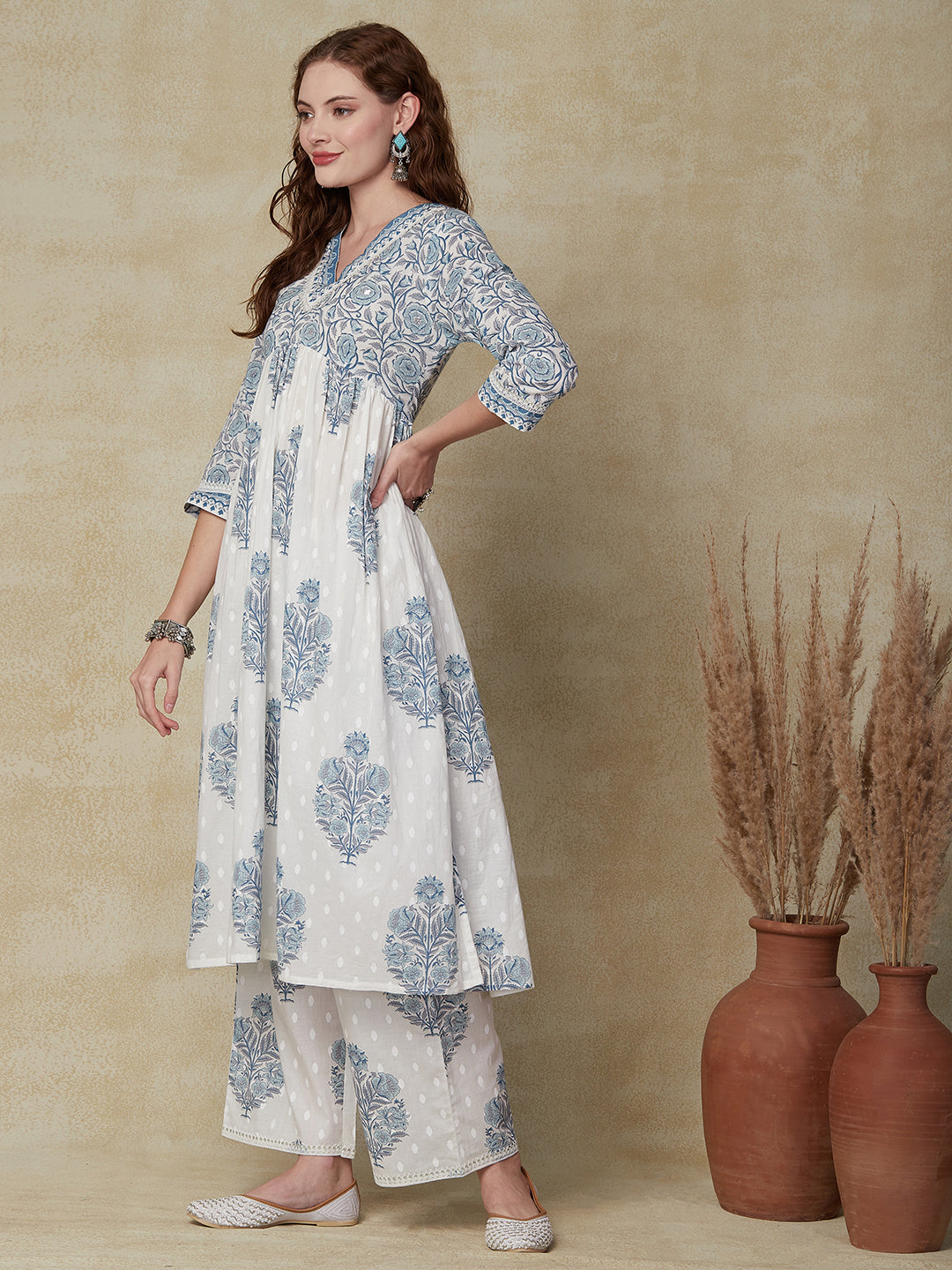 Ethnic Floral Printed A-Line Pleated Kurta with Palazzo - Off White