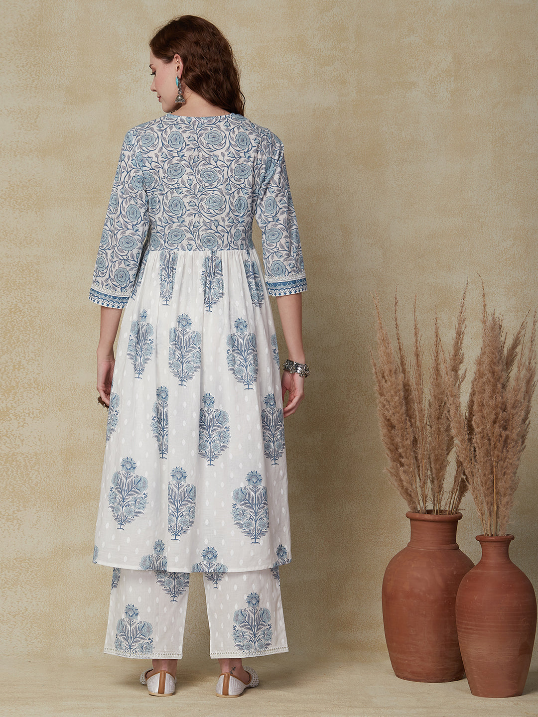 Ethnic Floral Printed A-Line Pleated Kurta with Palazzo - Off White
