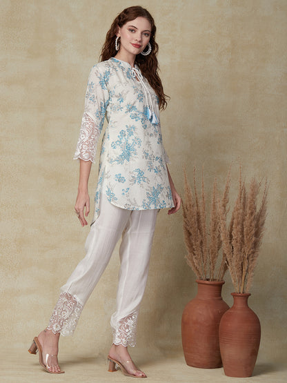 Floral Printed Resham & Sequins Embroidered Lace Work Kurta with Pants - White & Blue