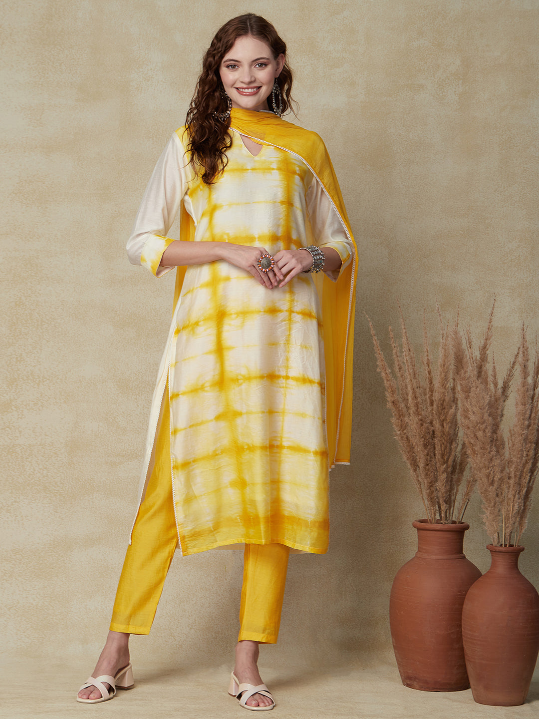 Shibori Printed Crochet Lace Embellished Kurat with Pants & Dupattta - Yellow