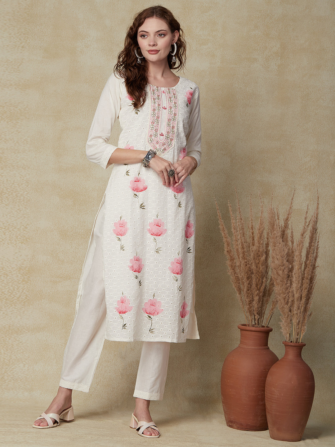 Schiffli Embroidered & Floral Hand Painted Kurta & Dupatta with Pant - Off White