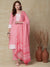 Floral Printed Crochet Lace & Pompom Lace Embellished Kurta with Pants & Dupatta - Pink