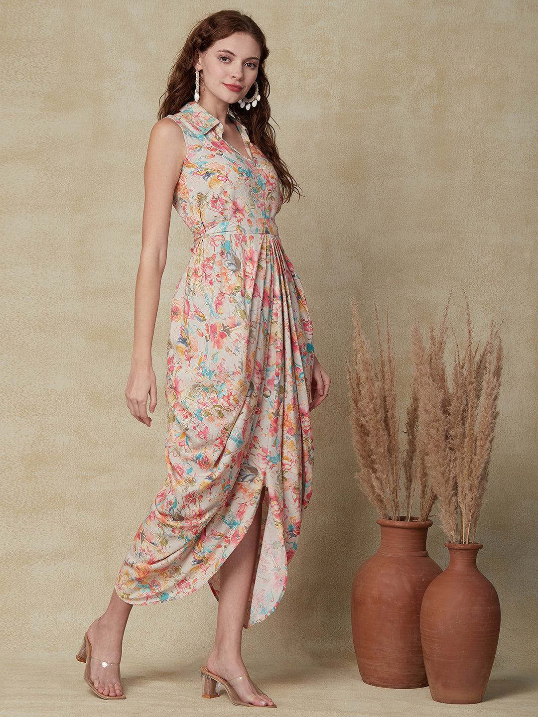 Floral Printed Pleated Cowl Maxi Dress with Belt - Multi