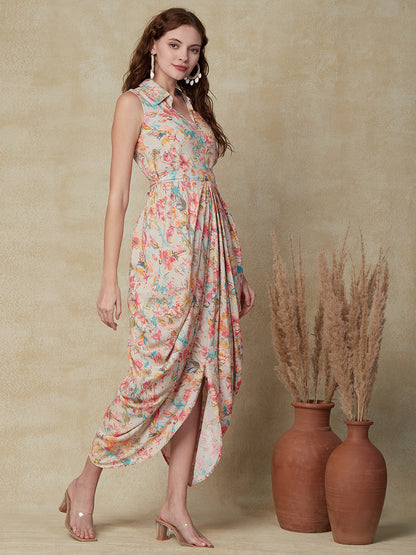 Floral Printed Pleated Cowl Maxi Dress with Belt - Multi