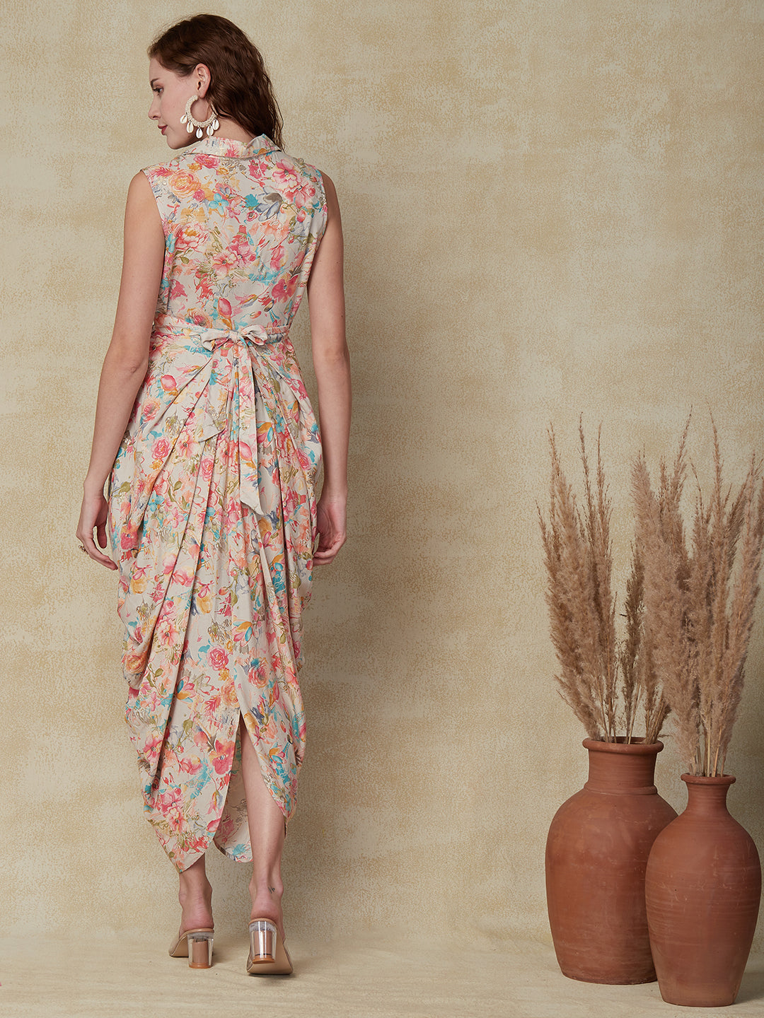 Floral Printed Pleated Cowl Maxi Dress with Belt - Multi