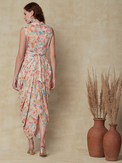 Floral Printed Pleated Cowl Maxi Dress with Belt - Multi