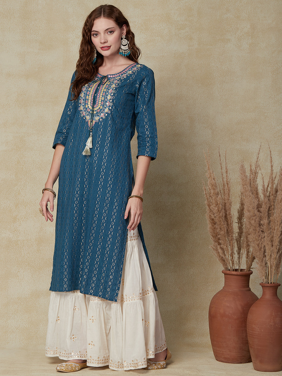 Ethnic Floral Embroidered Straight Fit Kurta - Blue